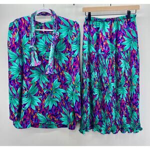Vintage 80s Evanna Green Palm Leaf Tropical Print‎ Blouse/Midi Skirt/Scarf Set